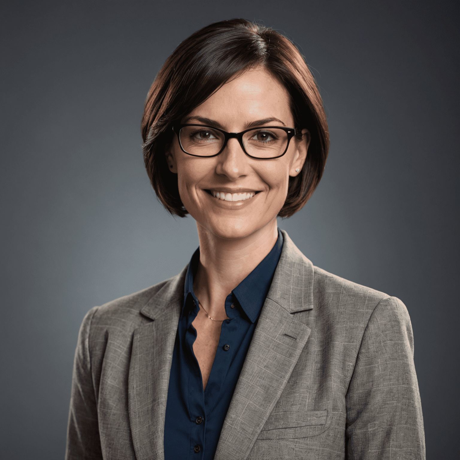 Portrait of Sarah Thompson, a woman in her 30s with short dark hair and glasses, wearing a professional blazer, smiling confidently at the camera