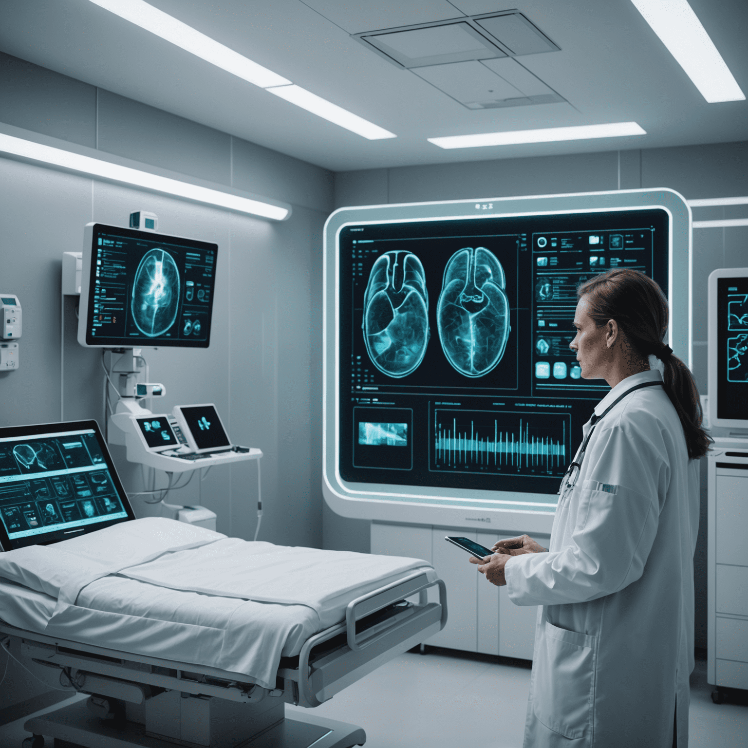 A futuristic hospital room with AI-powered diagnostic equipment and a doctor reviewing data on a holographic display