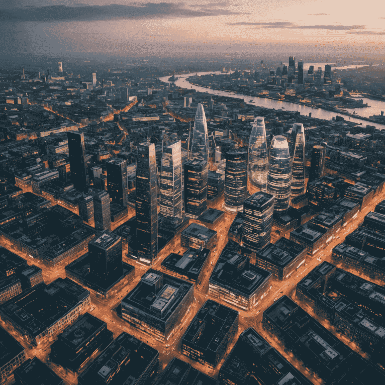 Aerial view of a modern UK city skyline with visible 5G towers and digital overlay representing connectivity