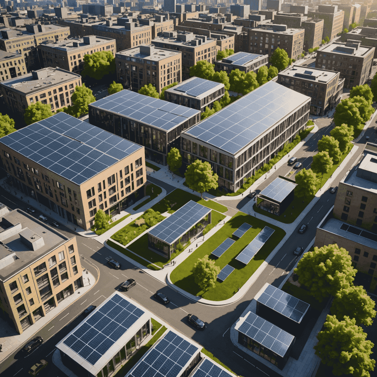 A collage of eco-friendly tech innovations including solar panels, electric vehicles, and green buildings in a UK cityscape