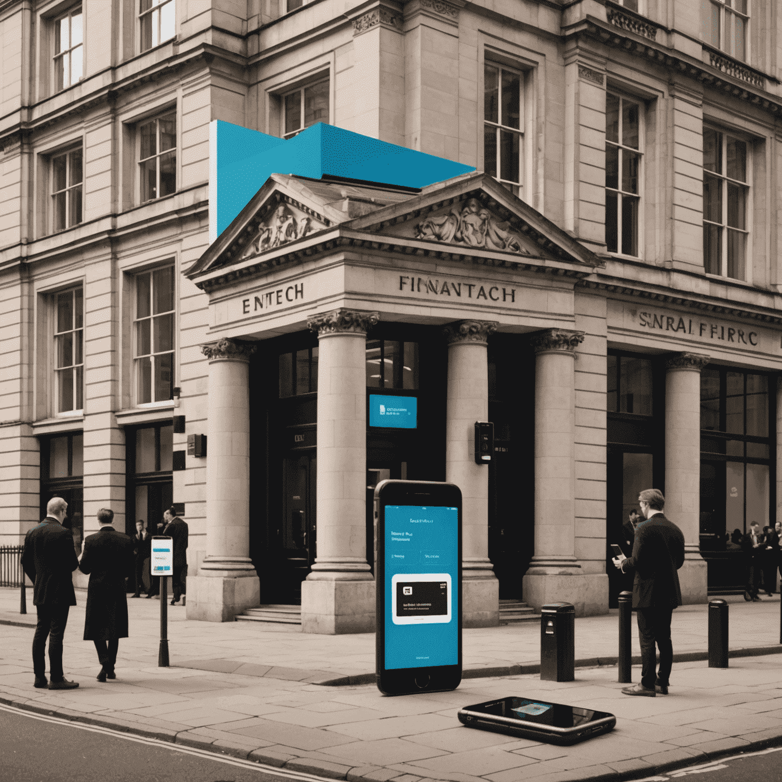 A collage showing traditional bank buildings juxtaposed with modern smartphones displaying fintech apps, symbolizing the shift in the UK's financial sector