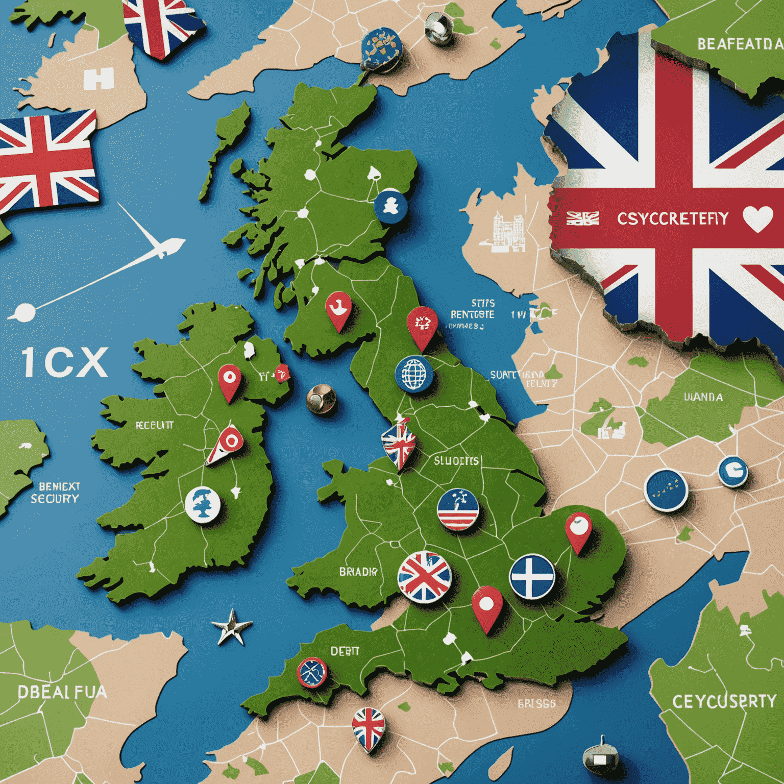 A digital map of the UK with cybersecurity icons and Brexit symbols, representing the changing landscape of digital security post-Brexit