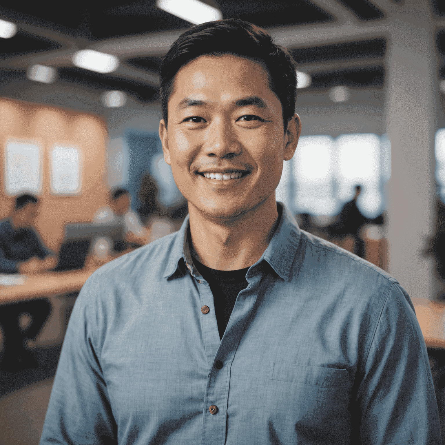 Portrait of James Chen, an Asian man in his 40s with a friendly smile, wearing a casual button-up shirt, standing in front of a blurred tech office background