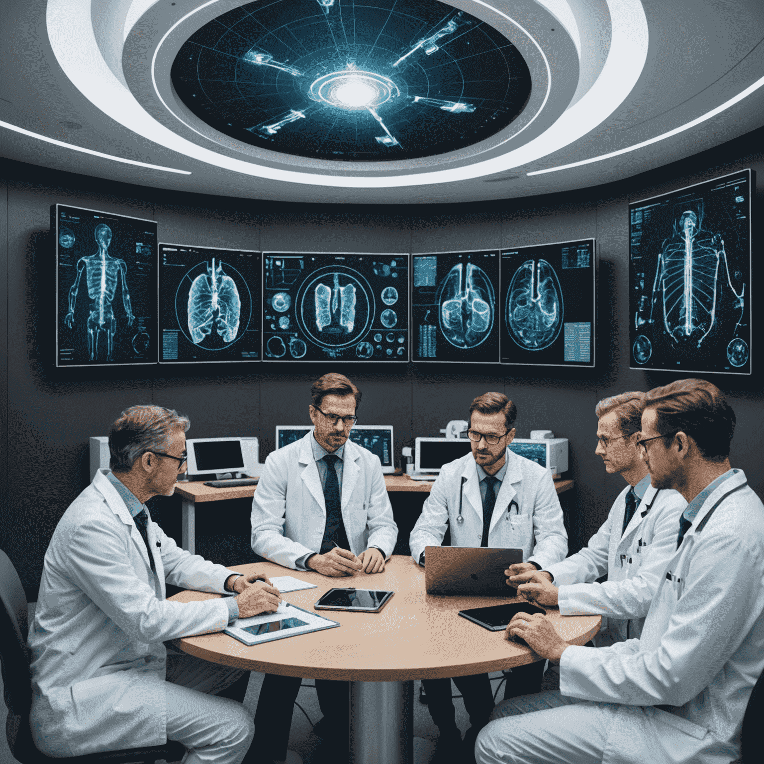 A team of doctors and AI specialists collaborating on a complex treatment plan using advanced AI software