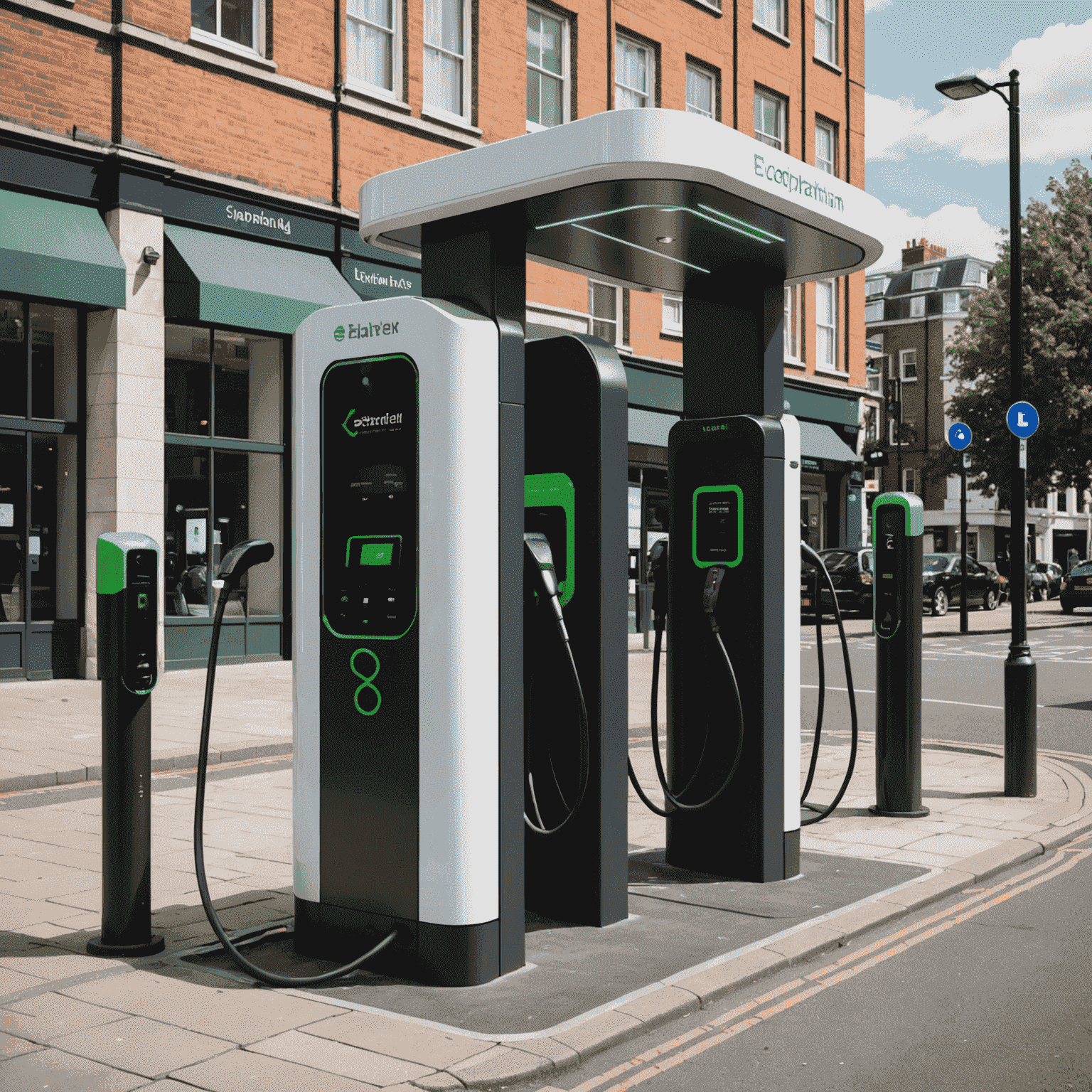 An advanced electric vehicle charging station with ultra-fast charging capabilities in a modern UK city center