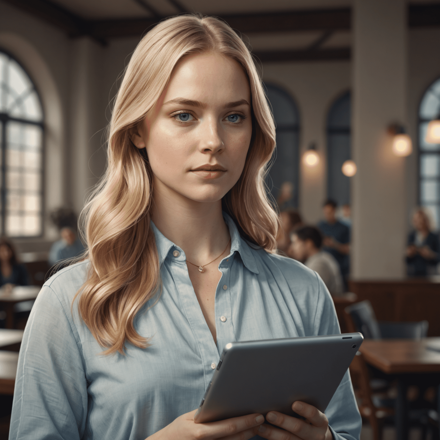 Portrait of Emily Wright, a young woman with long blonde hair, wearing a smart casual outfit, holding a tablet and looking thoughtfully off-camera